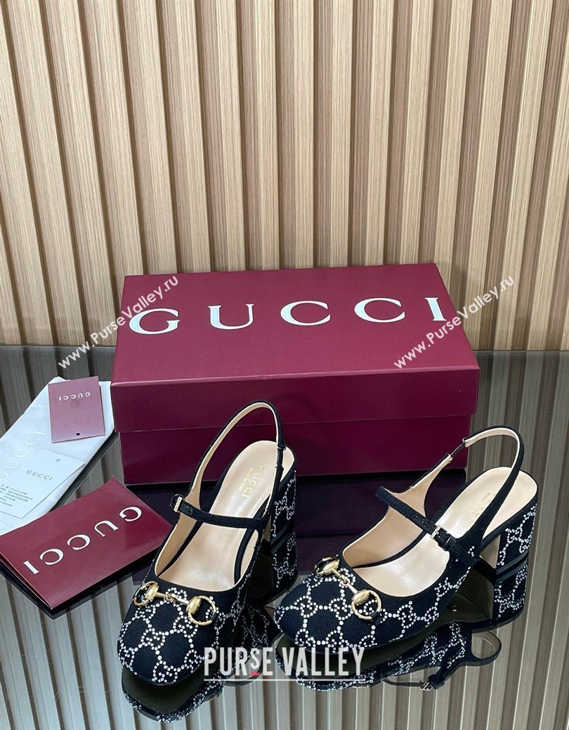 Gucci Horsebit Mary Janes Slingback Pumps 5.5cm in Strass Denim Black 2025 801893 (MD-250828008)