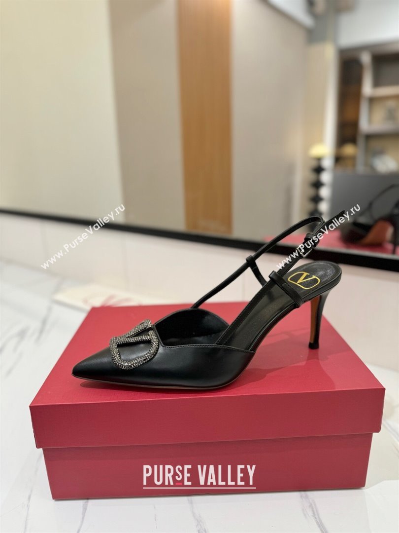 Valentino VLogo Signature Slingback Pumps 8cm in Calfskin with Strass Black/Grey 2025 VA082109 (MD-250821059)