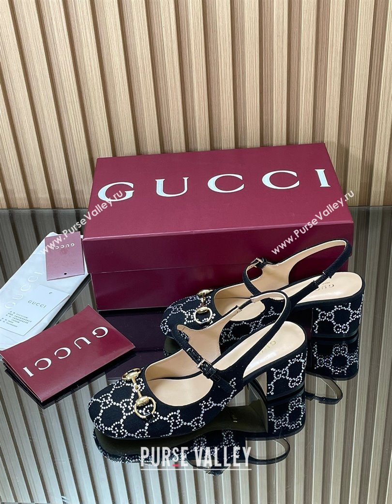 Gucci Horsebit Mary Janes Slingback Pumps 5.5cm in Strass Denim Black 2025 801893 (MD-250828008)