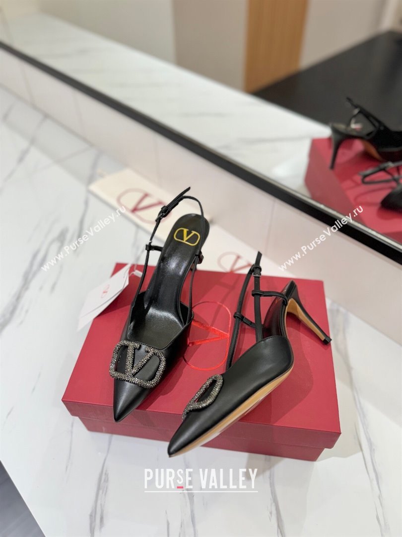 Valentino VLogo Signature Slingback Pumps 8cm in Calfskin with Strass Black/Grey 2025 VA082109 (MD-250821059)