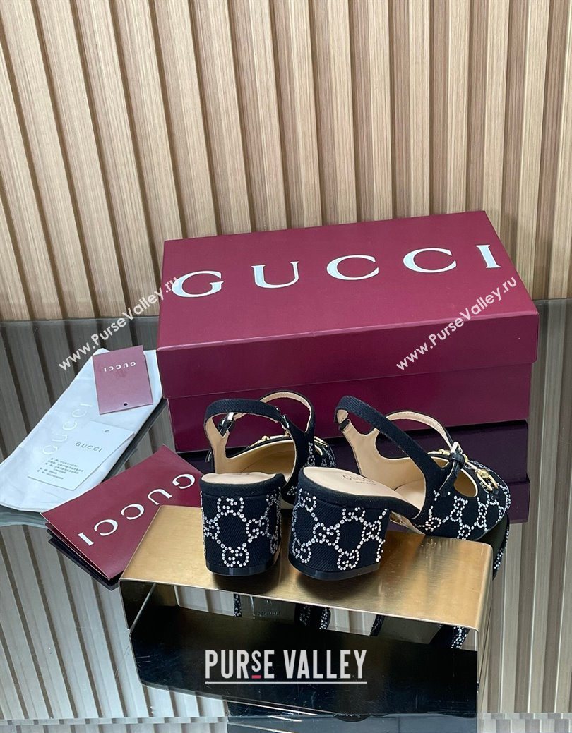 Gucci Horsebit Mary Janes Slingback Pumps 5.5cm in Strass Denim Black 2025 801893 (MD-250828008)