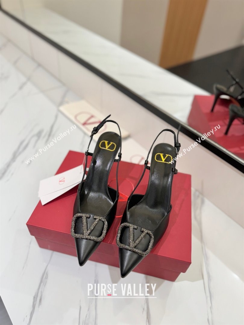 Valentino VLogo Signature Slingback Pumps 8cm in Calfskin with Strass Black/Grey 2025 VA082109 (MD-250821059)
