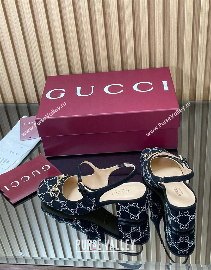 Gucci Horsebit Mary Janes Slingback Pumps 5.5cm in Strass Denim Black 2025 801893 (MD-250828008)