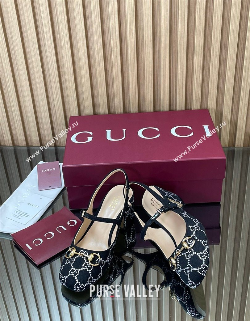 Gucci Horsebit Mary Janes Slingback Pumps 5.5cm in Strass Denim Black 2025 801893 (MD-250828008)