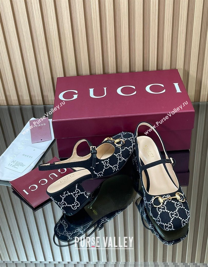 Gucci Horsebit Mary Janes Slingback Pumps 5.5cm in Strass Denim Black 2025 801893 (MD-250828008)
