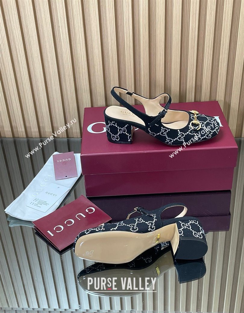 Gucci Horsebit Mary Janes Slingback Pumps 5.5cm in Strass Denim Black 2025 801893 (MD-250828008)