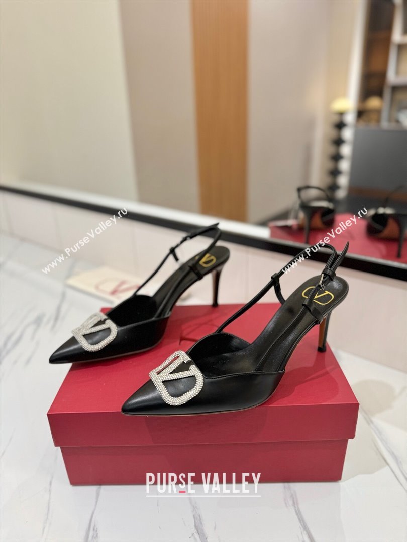 Valentino VLogo Signature Slingback Pumps 8cm in Calfskin with Strass Black/Silver 2025 VA082109 (MD-250821062)