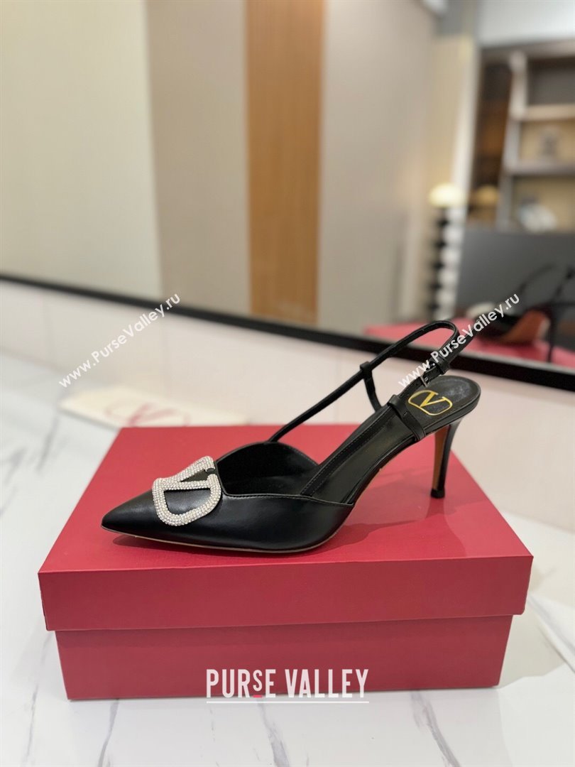 Valentino VLogo Signature Slingback Pumps 8cm in Calfskin with Strass Black/Silver 2025 VA082109 (MD-250821062)