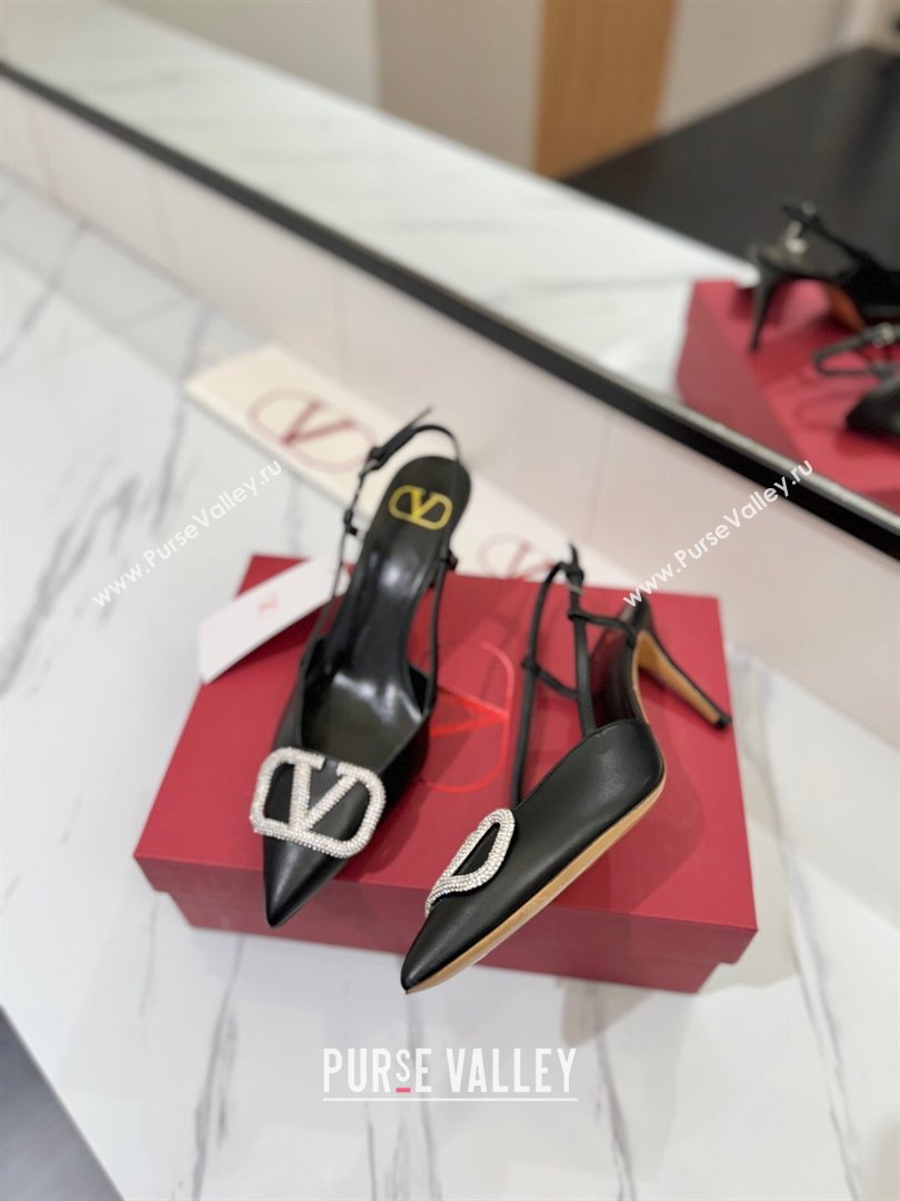 Valentino VLogo Signature Slingback Pumps 8cm in Calfskin with Strass Black/Silver 2025 VA082109 (MD-250821062)
