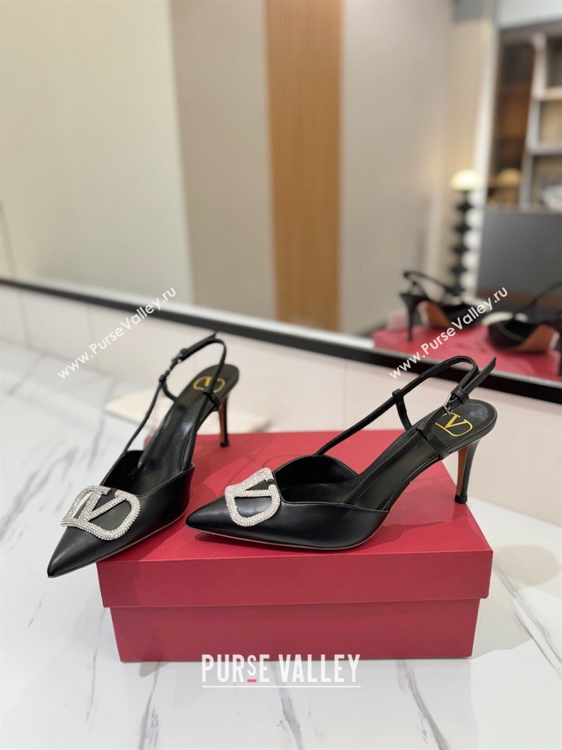 Valentino VLogo Signature Slingback Pumps 8cm in Calfskin with Strass Black/Silver 2025 VA082109 (MD-250821062)