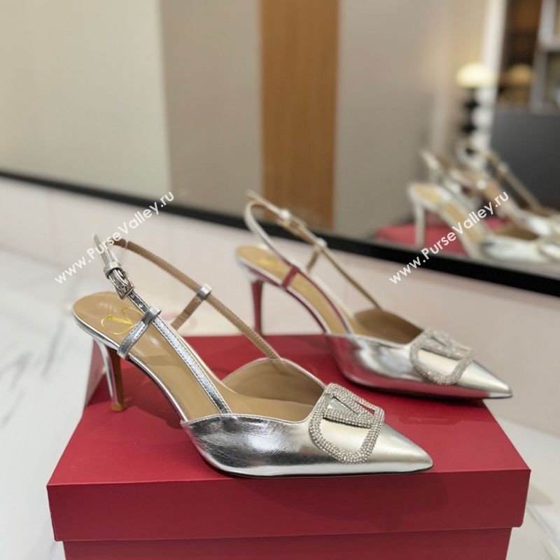 Valentino VLogo Signature Slingback Pumps 8cm in Calfskin with Strass Silver-Tone 2025 VA082109 (MD-250821063)
