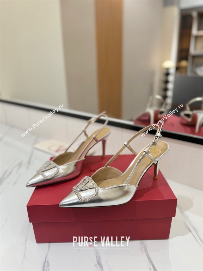 Valentino VLogo Signature Slingback Pumps 8cm in Calfskin with Strass Silver-Tone 2025 VA082109 (MD-250821063)