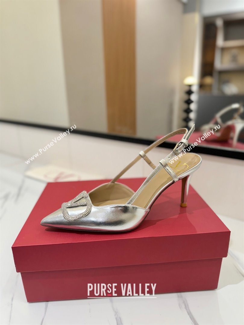 Valentino VLogo Signature Slingback Pumps 8cm in Calfskin with Strass Silver-Tone 2025 VA082109 (MD-250821063)