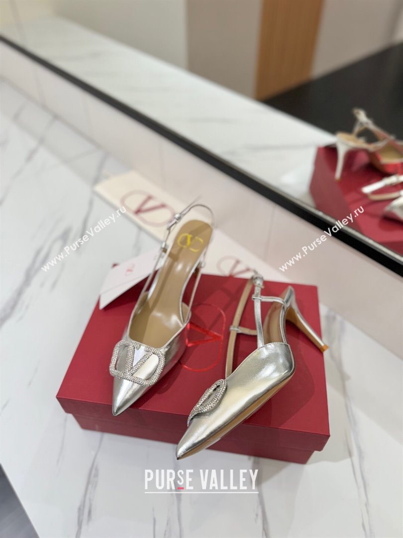 Valentino VLogo Signature Slingback Pumps 8cm in Calfskin with Strass Silver-Tone 2025 VA082109 (MD-250821063)