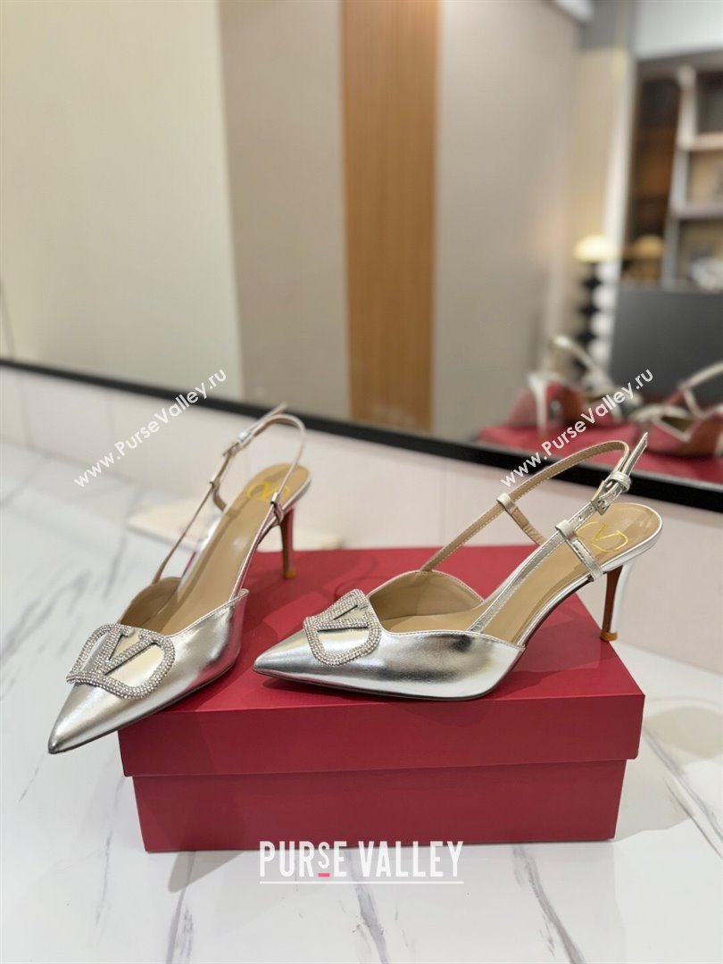 Valentino VLogo Signature Slingback Pumps 8cm in Calfskin with Strass Silver-Tone 2025 VA082109 (MD-250821063)