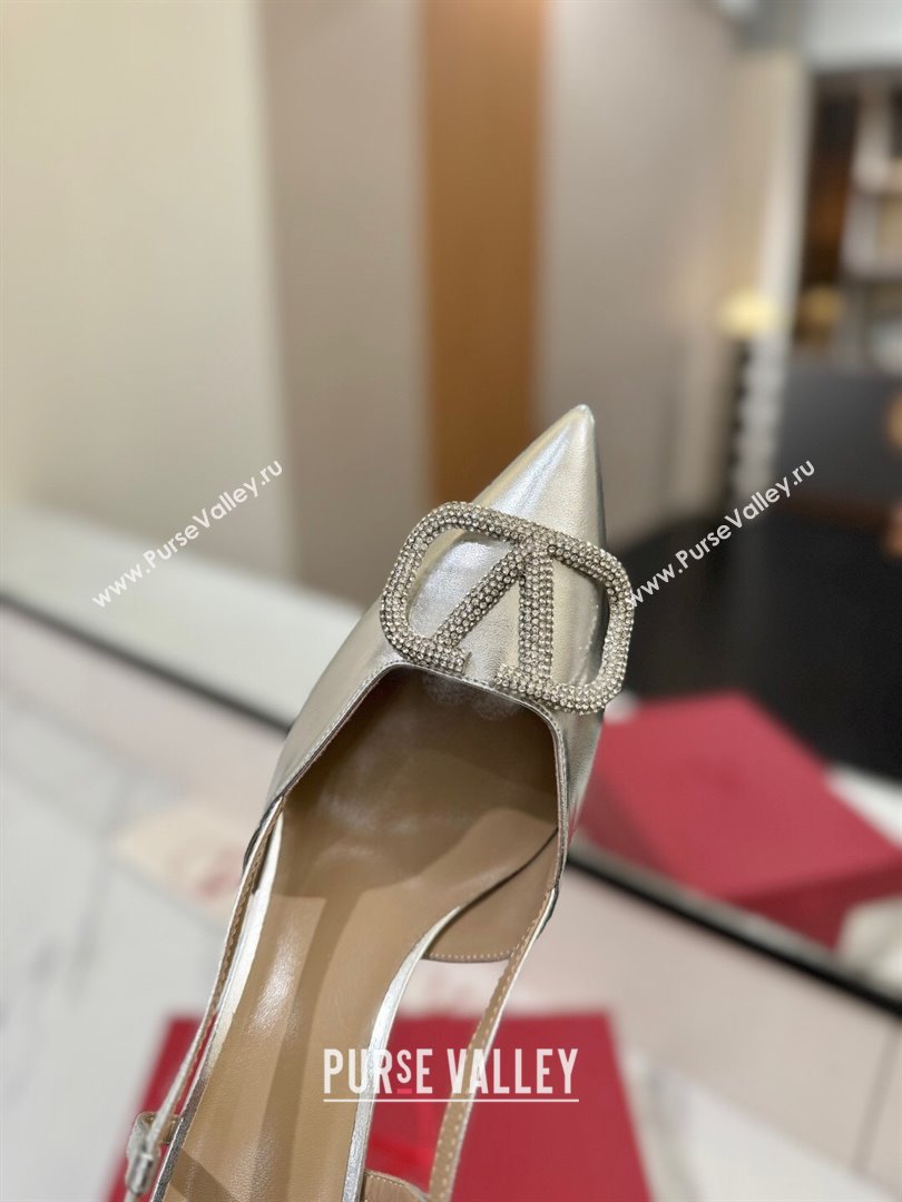 Valentino VLogo Signature Slingback Pumps 8cm in Calfskin with Strass Silver-Tone 2025 VA082109 (MD-250821063)