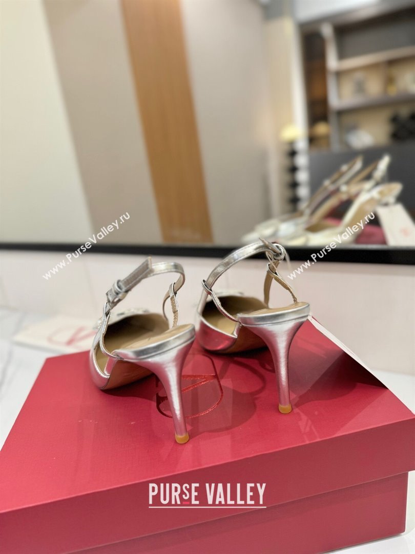 Valentino VLogo Signature Slingback Pumps 8cm in Calfskin with Strass Silver-Tone 2025 VA082109 (MD-250821063)