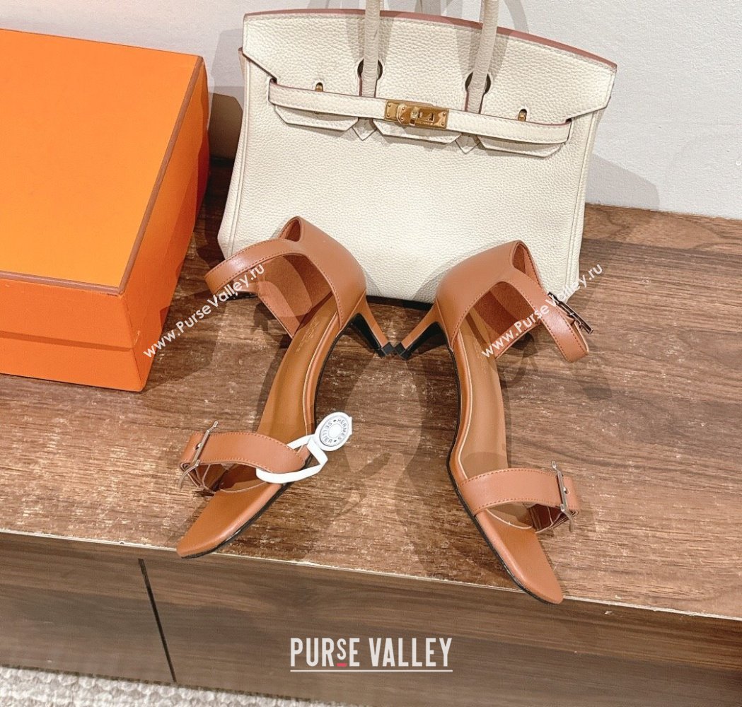 Hermes Judy Heel Sandals 4.5cm in Calfskin with Hapi Buckle Brown 2025 H02276 (MD-250227113)