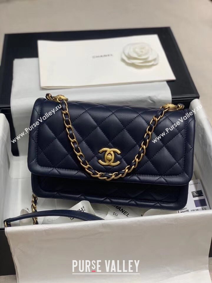 Chanel Quilted Lambskin Large Flap Bag with Metal Button AS2056 Navy Blue 2020 (JY-20111901)