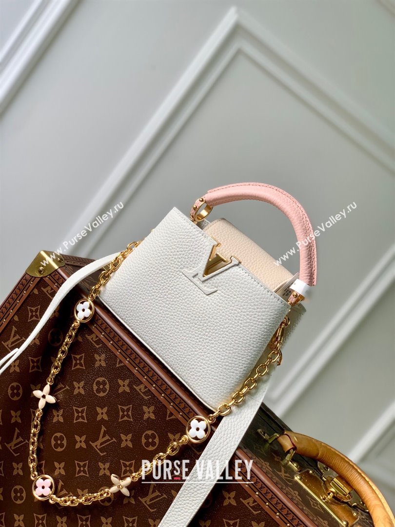 Louis Vuitton Capucines Mini Bag with Flower Chain in Taurillon Leather M20708 White/Pink 2024 (K-24081013)