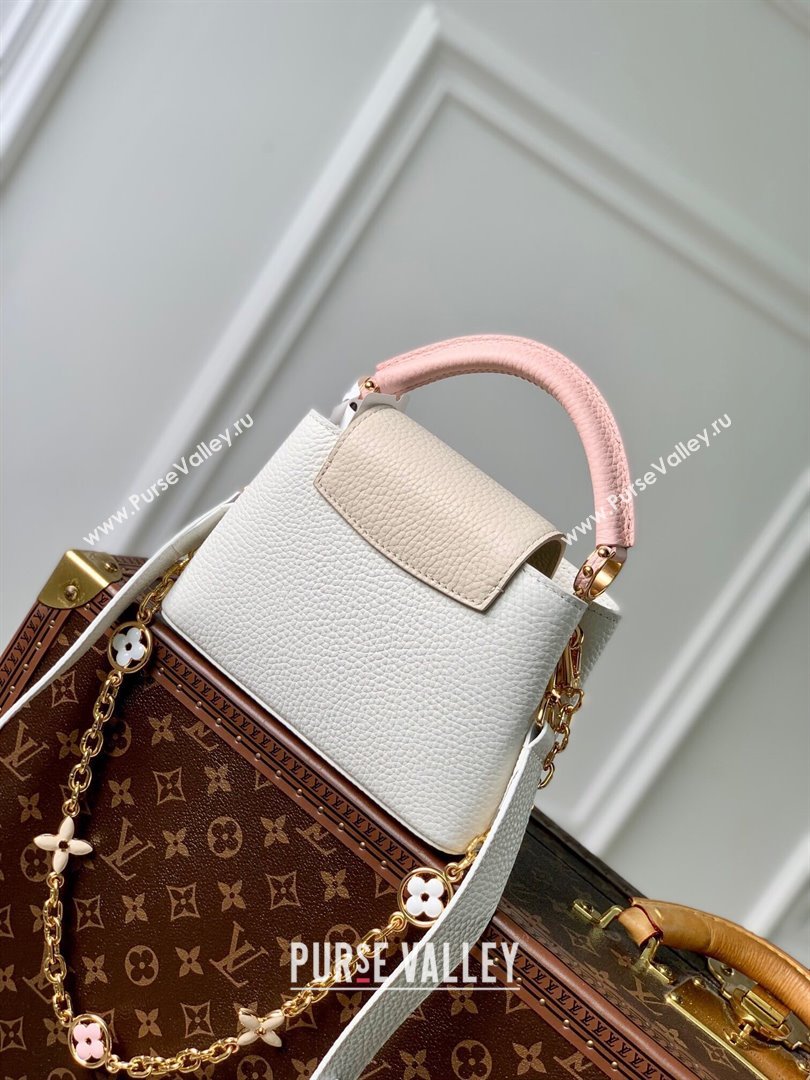 Louis Vuitton Capucines Mini Bag with Flower Chain in Taurillon Leather M20708 White/Pink 2024 (K-24081013)