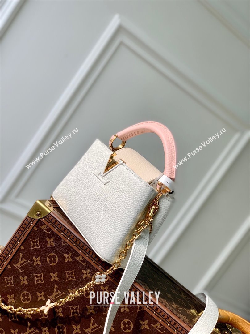 Louis Vuitton Capucines Mini Bag with Flower Chain in Taurillon Leather M20708 White/Pink 2024 (K-24081013)