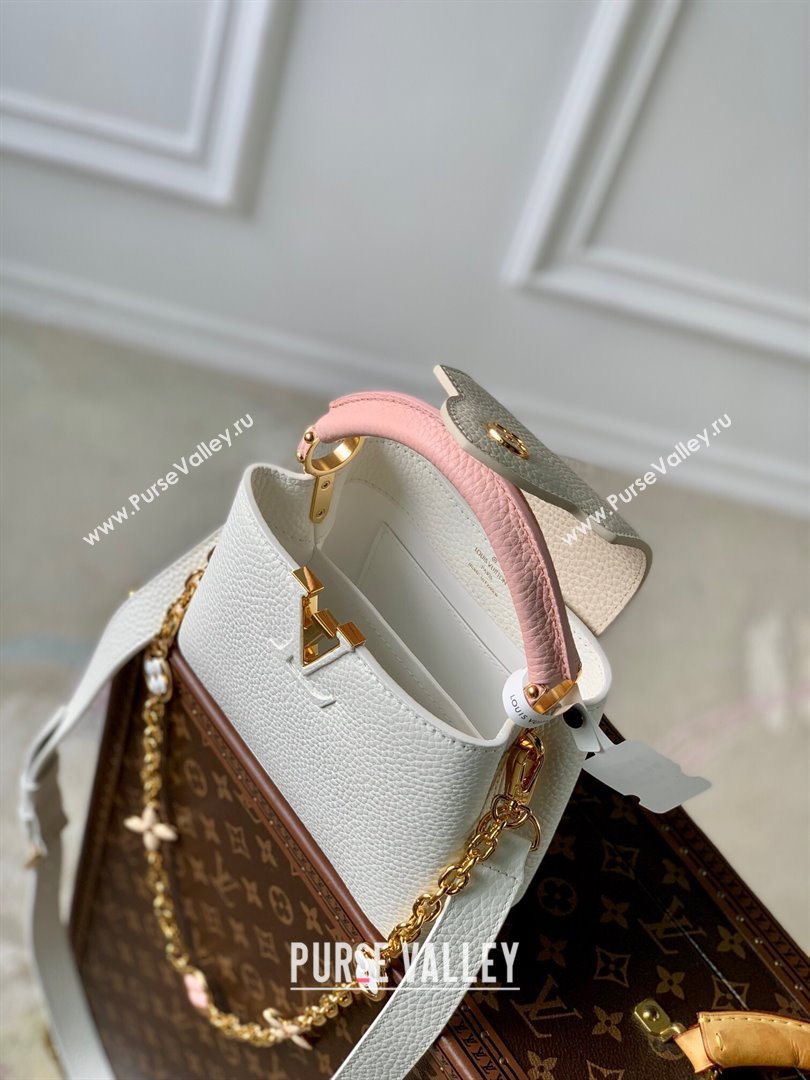 Louis Vuitton Capucines Mini Bag with Flower Chain in Taurillon Leather M20708 White/Pink 2024 (K-24081013)