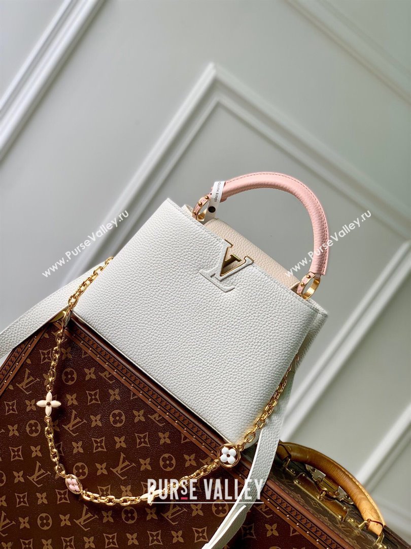 Louis Vuitton Capucines BB Bag with Flower Chain in Taurillon Leather M20708 White/Pink 2024 (K-24081014)