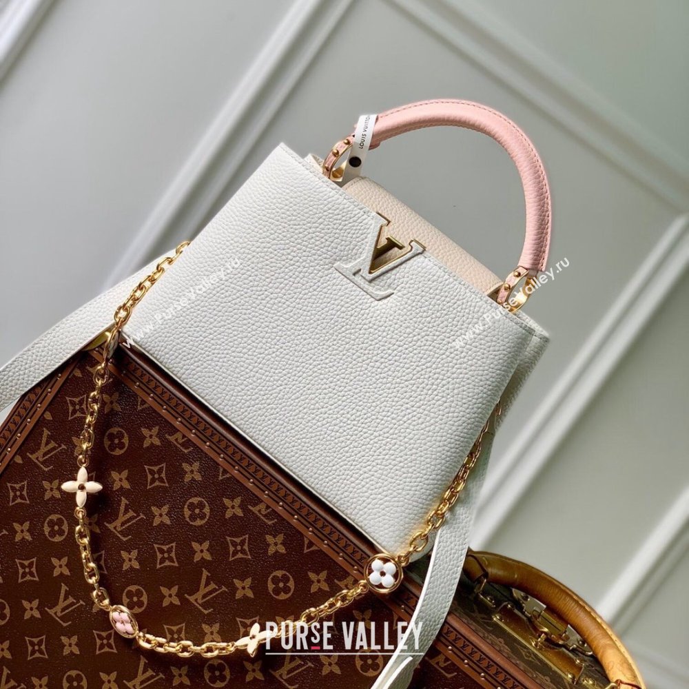 Louis Vuitton Capucines BB Bag with Flower Chain in Taurillon Leather M20708 White/Pink 2024 (K-24081014)