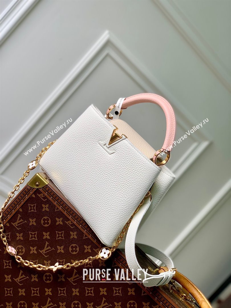 Louis Vuitton Capucines BB Bag with Flower Chain in Taurillon Leather M20708 White/Pink 2024 (K-24081014)