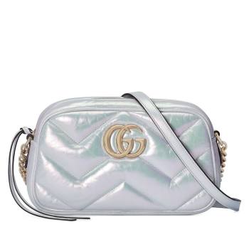 Gucci GG Marmont Small Shoulder Bag in Iridescent Chevron Leather 447632 Light Blue 2024 (DLH-240219017)