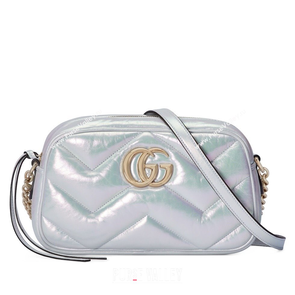 Gucci GG Marmont Small Shoulder Bag in Iridescent Chevron Leather 447632 Light Blue 2024 (DLH-240219017)