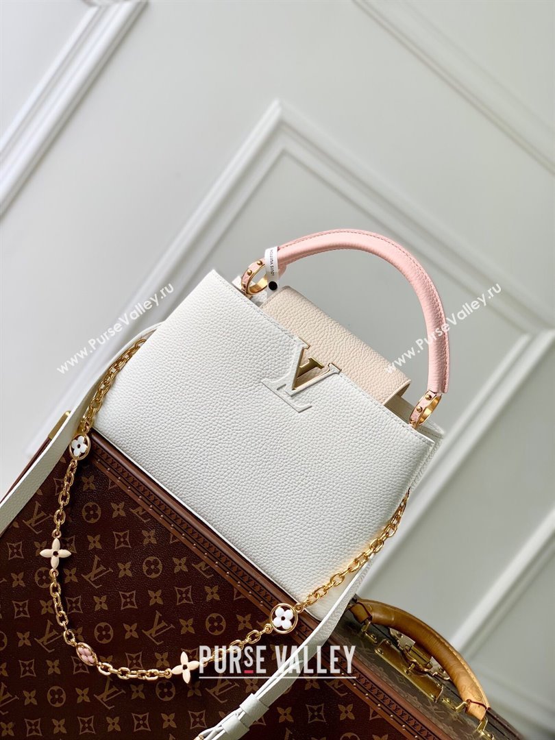 Louis Vuitton Capucines MM Bag with Flower Chain in Taurillon Leather M20708 White/Pink 2024 (K-24081015)