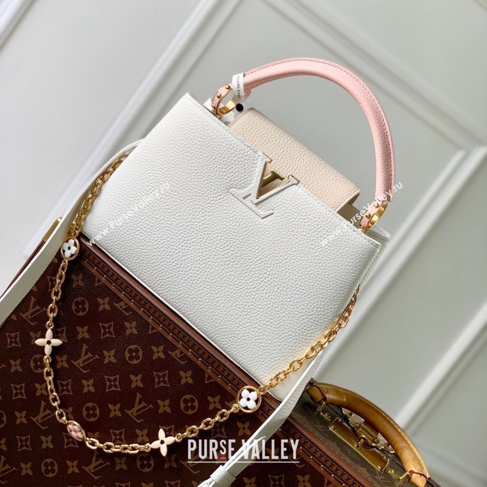 Louis Vuitton Capucines MM Bag with Flower Chain in Taurillon Leather M20708 White/Pink 2024 (K-24081015)