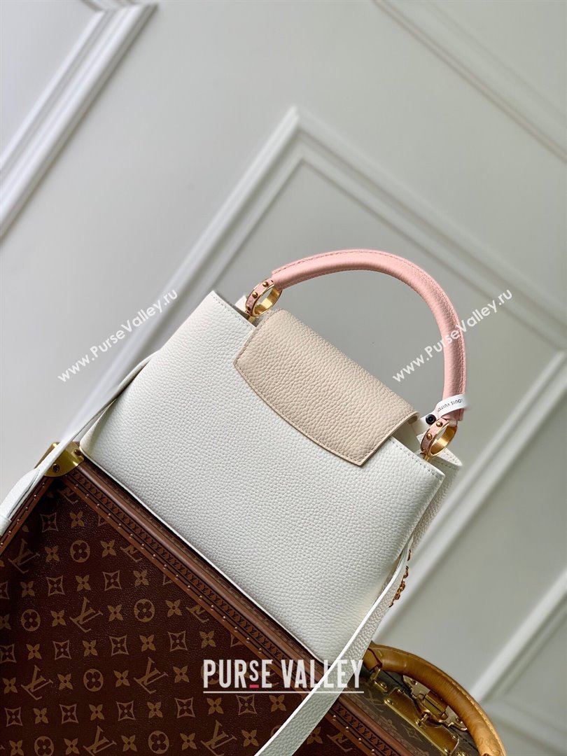 Louis Vuitton Capucines MM Bag with Flower Chain in Taurillon Leather M20708 White/Pink 2024 (K-24081015)