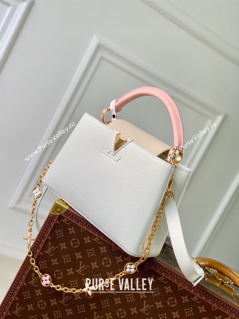 Louis Vuitton Capucines MM Bag with Flower Chain in Taurillon Leather M20708 White/Pink 2024 (K-24081015)