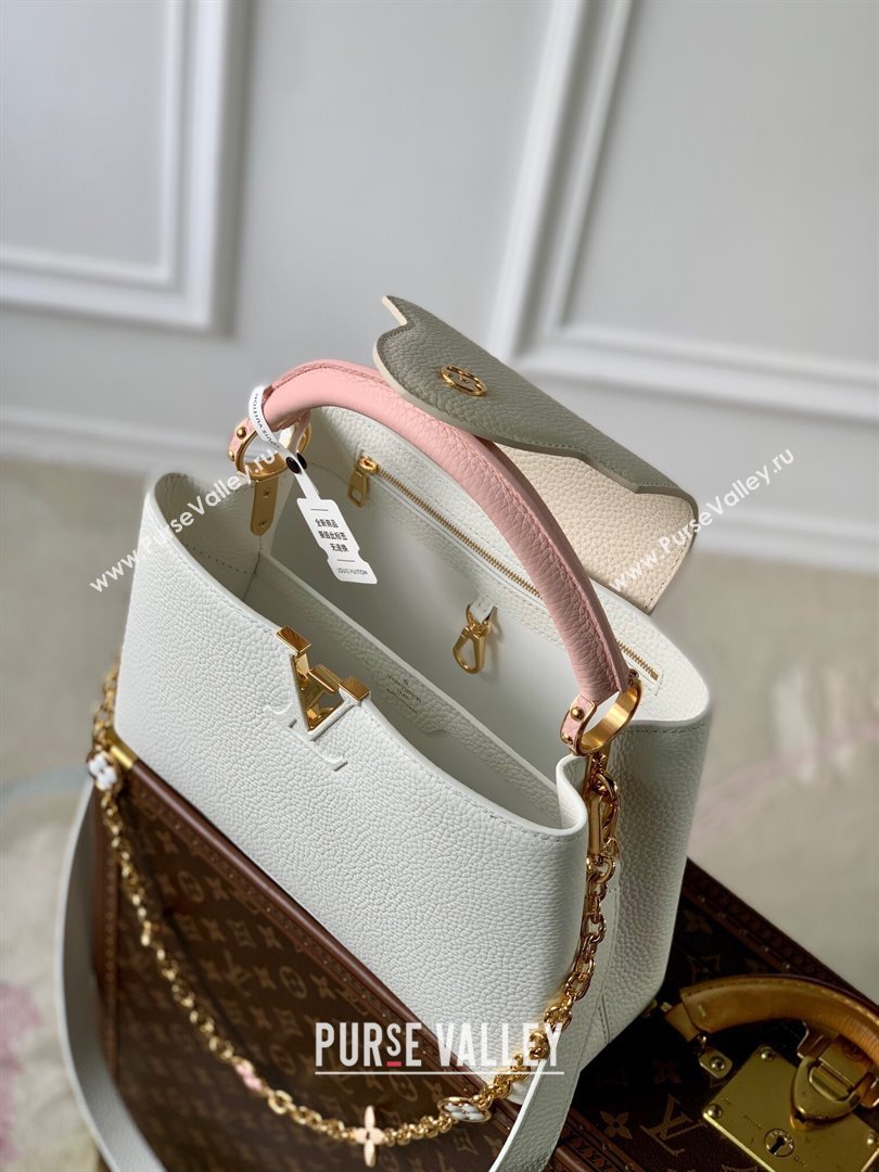 Louis Vuitton Capucines MM Bag with Flower Chain in Taurillon Leather M20708 White/Pink 2024 (K-24081015)