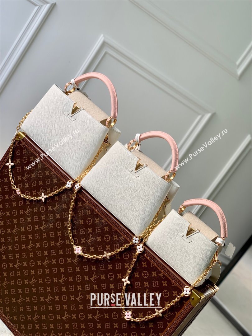 Louis Vuitton Capucines MM Bag with Flower Chain in Taurillon Leather M20708 White/Pink 2024 (K-24081015)