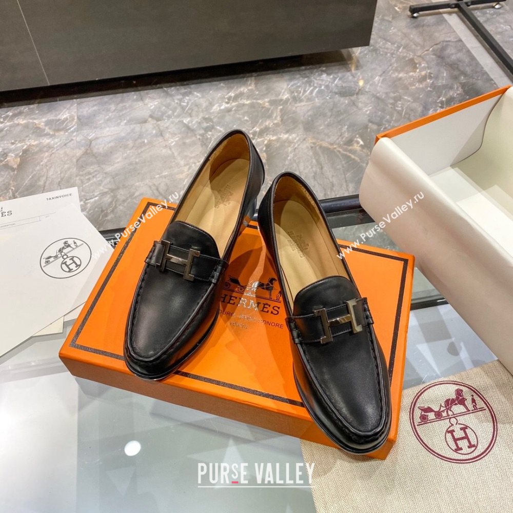 Hermes Paris Calfskin Loafers Pumps with H Buckle Black 2020 (MD-21010658)