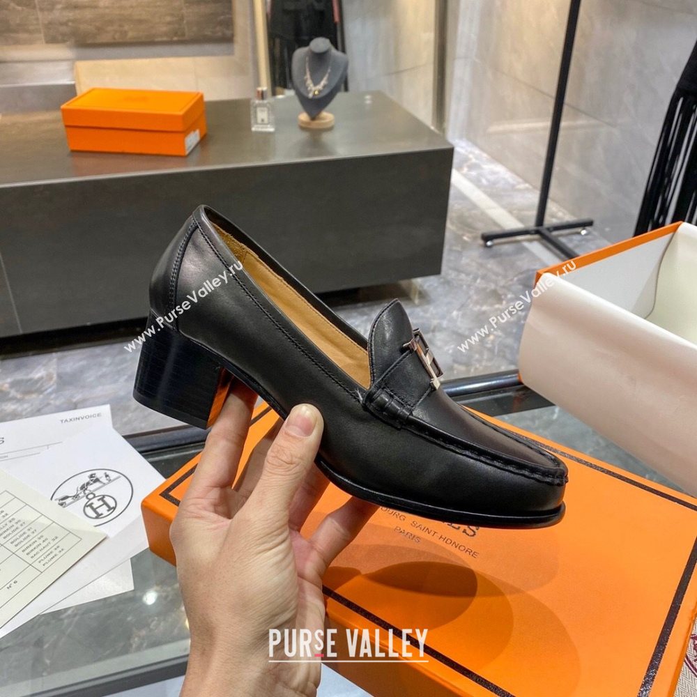 Hermes Paris Calfskin Loafers Pumps with H Buckle Black 2020 (MD-21010658)