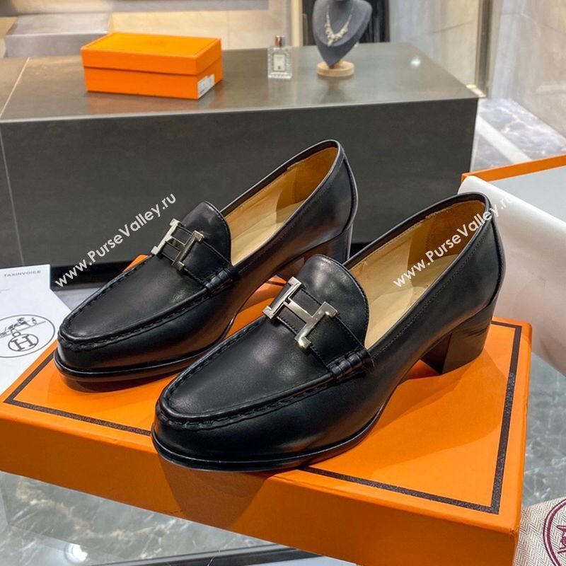 Hermes Paris Calfskin Loafers Pumps with H Buckle Black 2020 (MD-21010658)