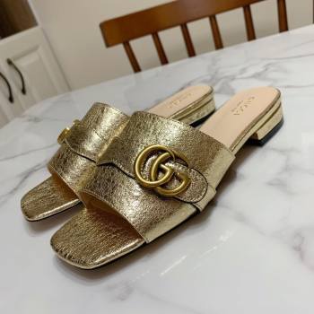 Gucci Leather Double G Flat Slide Sandals Gold 2021 (MD-21010664)