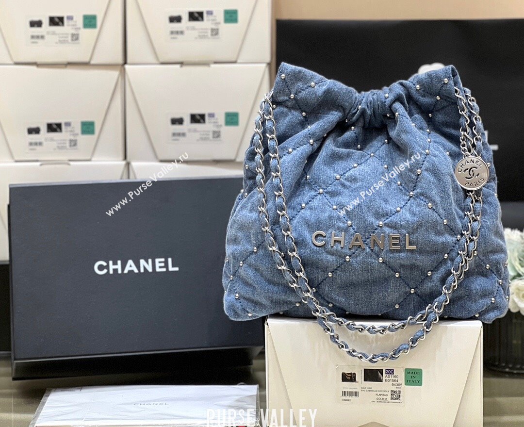 Chanel 22 Studs Quilted Denim Small Shopping Bag AS3260 Blue 2024 Top Quality (SHUNY-24062408)