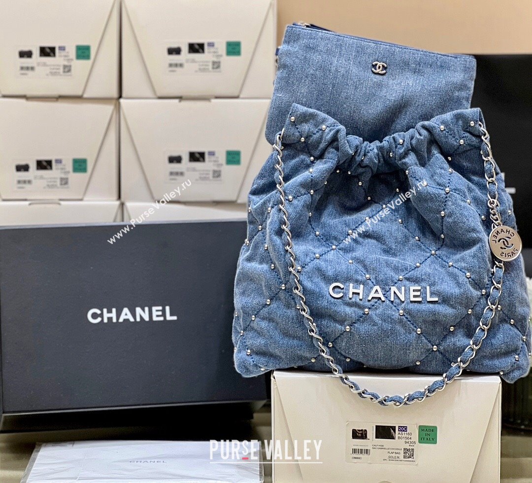 Chanel 22 Studs Quilted Denim Small Shopping Bag AS3260 Blue 2024 Top Quality (SHUNY-24062408)