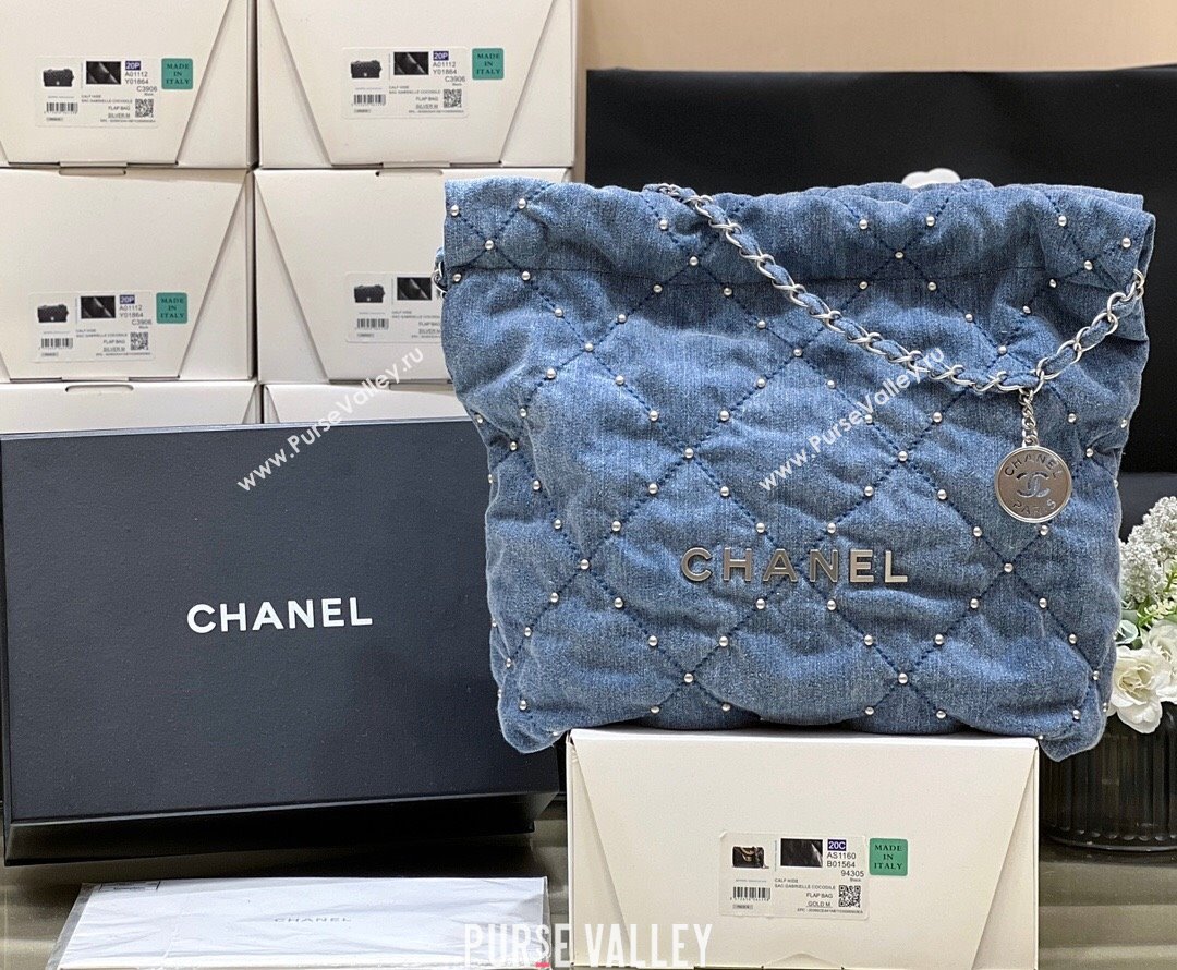 Chanel 22 Studs Quilted Denim Small Shopping Bag AS3260 Blue 2024 Top Quality (SHUNY-24062408)