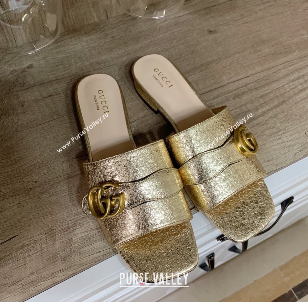 Gucci Leather Double G Flat Slide Sandals Gold 2021 (MD-21010664)