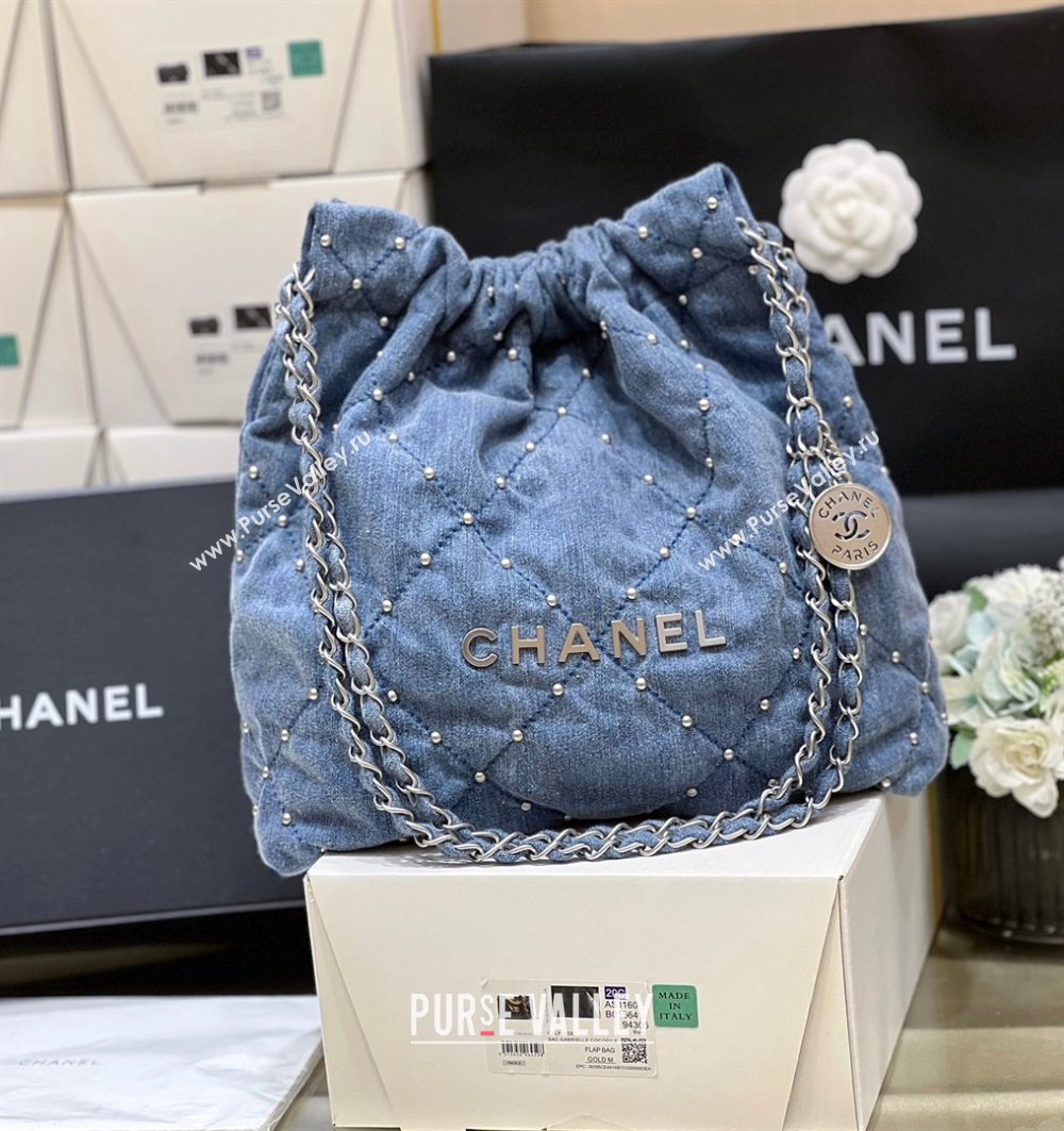 Chanel 22 Studs Quilted Denim Small Shopping Bag AS3260 Blue 2024 Top Quality (SHUNY-24062408)