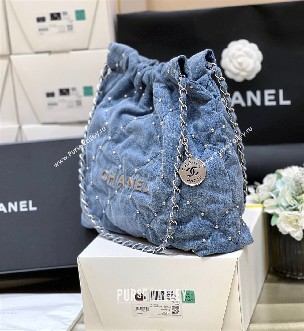 Chanel 22 Studs Quilted Denim Small Shopping Bag AS3260 Blue 2024 Top Quality (SHUNY-24062408)