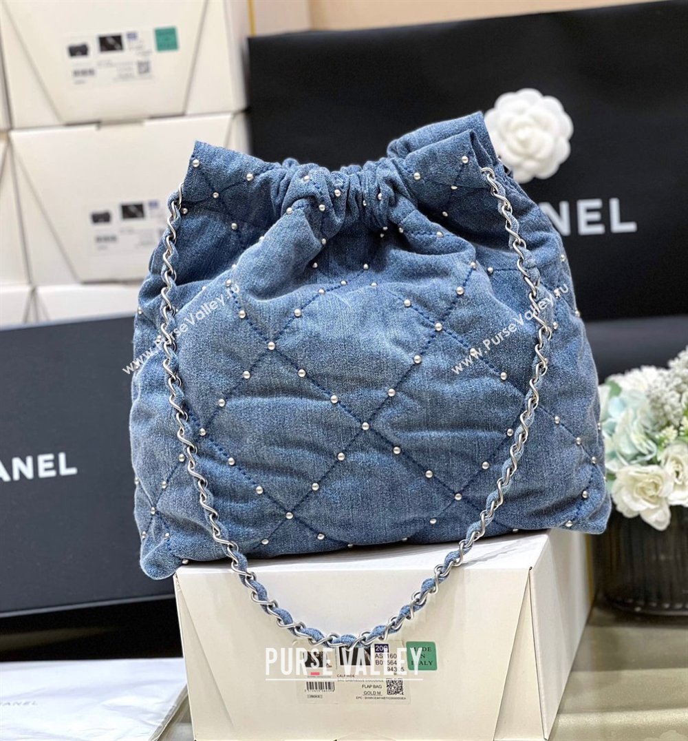 Chanel 22 Studs Quilted Denim Small Shopping Bag AS3260 Blue 2024 Top Quality (SHUNY-24062408)