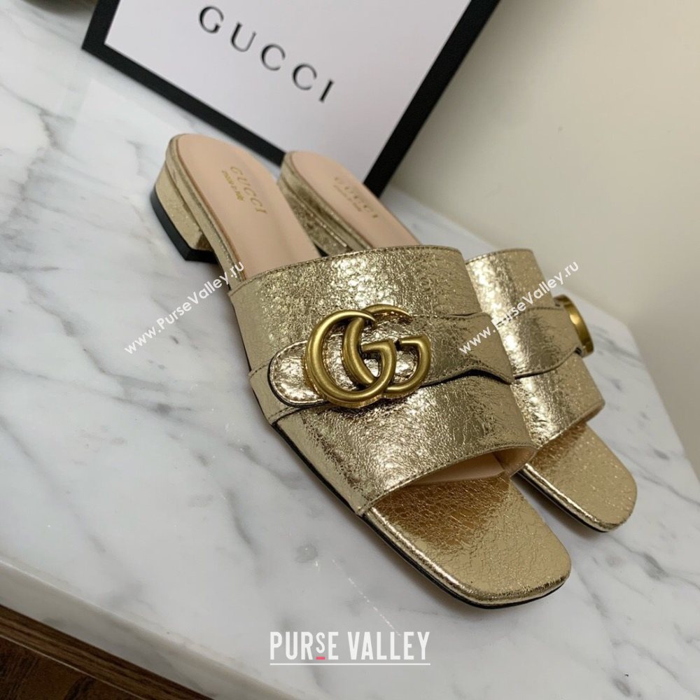 Gucci Leather Double G Flat Slide Sandals Gold 2021 (MD-21010664)